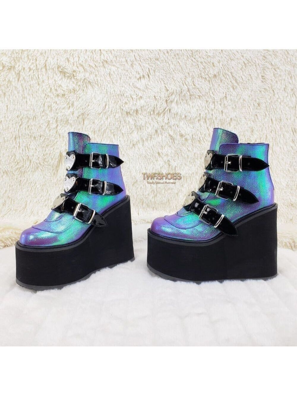 Size 7 Swing 105 Hologram Heart Plate Platform Punk Goth Ankle Boots